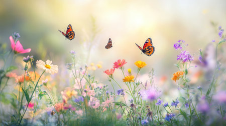 Butterflies flutter around a colorful bouquet of wildflowers in a sunny meadow filled with warmth and natural beauty.の素材