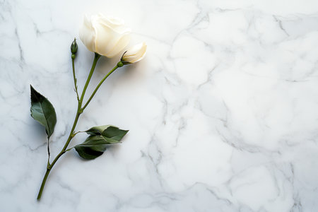 A single rose stem gently lies on an immaculate white marble surface, highlighting its natural beauty and the tranquility of the moment.の素材