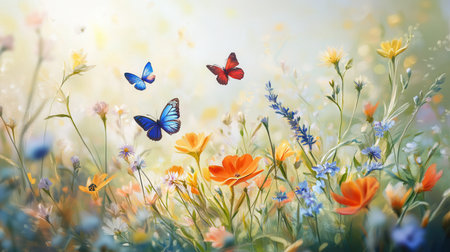 Colorful wildflowers bloom amidst butterflies fluttering in a sunny meadow, creating a lively and enchanting atmosphere in spring.の素材