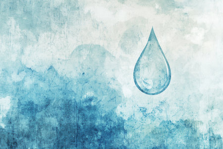 This design showcases a clear water drop symbolizing purity and freshness, set against a soft blue textured backdrop.の素材
