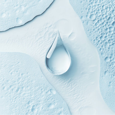 The design showcases a single water drop symbolizing hydration, surrounded by a serene textured blue backdrop.の素材