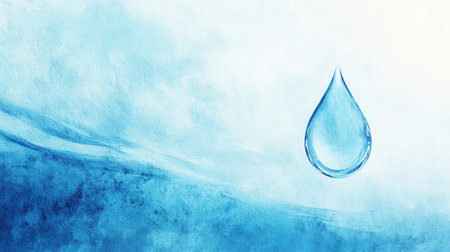 A minimalistic design showcases a single water drop, embodying the concept of hydration and freshness in a calming blue background.の素材