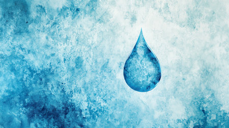 A minimalistic design showcases a single water drop, symbolizing hydration and freshness on a textured blue backdrop that evokes clarity.の素材