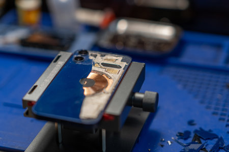 Repairing Smartphone Back Glass, The image shows a technician working on a phones back glass in a modern repair shop. Suitable for repair service ads and tech supportの写真素材