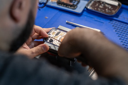 A perform technicians phone repair and battery replacement in a well-equipped workshop, focusing on...