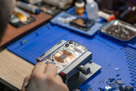 A technician carefully repairs a smartphone, focusing on battery replacement amidst various tools and parts in the workshop.の写真素材