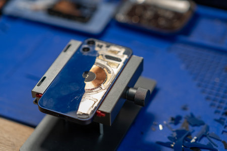 Smartphone Repair, A professional technician replacing the back glass of a smartphone, highlighting expert services in a high-tech repair centerの写真素材