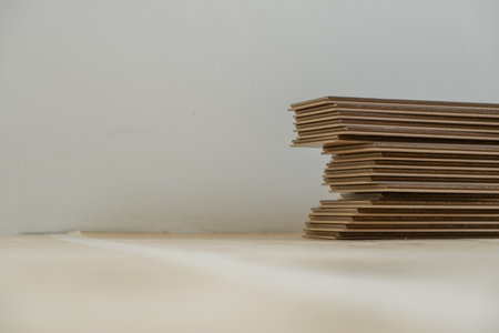 Laminate flooring installation in an apartment. Wood planks being laid for a smooth, stylish, and modern interior designの写真素材