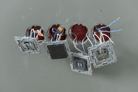 Electrical outlets are being installed in a wall, showcasing wires and connections during a home...