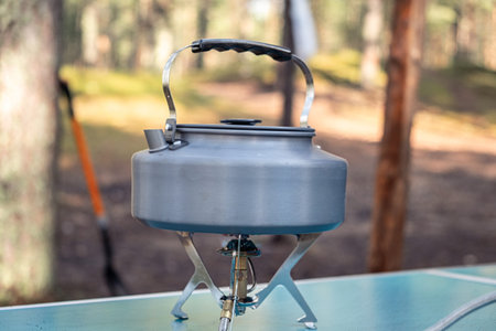 A silver kettle sits on a camping stove surrounded by trees, ready for morning coffee while the sun...