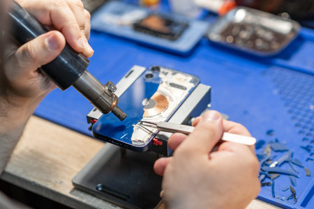 Smartphone Back Glass Replacement: Ideal for showcasing repair services and tech support. The image can depict a technician carefully replacing the rear glass of a smartphone in a professional serviceの写真素材