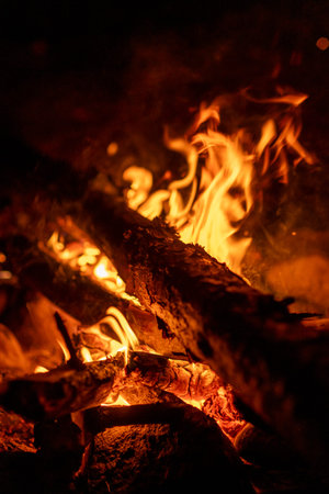 The warm glow of a campfire lights up wooden logs, creating a cozy atmosphere on a calm night...