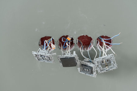 Exposed wiring and switch boxes are visible during a residential electrical installation in progress...