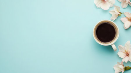 A warm cup of aromatic coffee rests on a light blue surface adorned with delicate flowers, creating a serene morning atmosphere.の素材