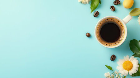 Enjoy a delightful good morning wish alongside a cup of aromatic coffee surrounded by fresh flowers and coffee beans on a light blue backdrop.の素材