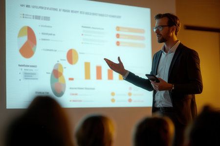 An expert stands confidently while giving a presentation, highlighting colorful charts and graphs to an attentive audience.の素材