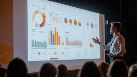 An expert presents colorful charts and graphs at a conference, effectively engaging the audience with data insights.の素材