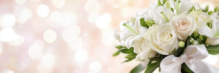 A beautiful bouquet featuring white roses and lilies is elegantly tied with a silk ribbon, set against a soft pastel background.の素材