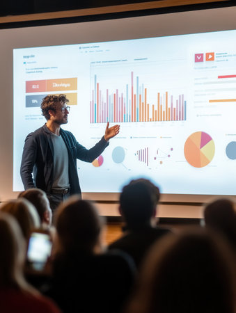 An expert confidently discusses key findings at a conference, showcasing colorful charts to a captivated audience.の素材