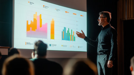 An expert confidently presents essential data at a conference, engaging the audience with vivid charts and graphs.の素材