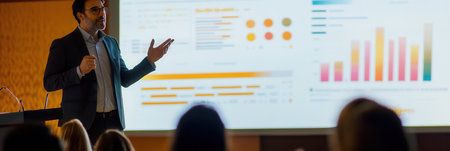 A speaker confidently presents data insights at a conference, showing colorful charts and graphs on a large screen.の素材