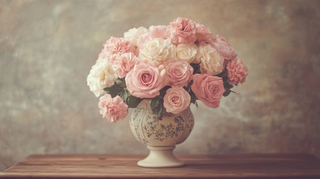 A beautiful arrangement of soft pink roses and carnations is elegantly displayed in a vintage ceramic vase on an antique wooden table.の素材