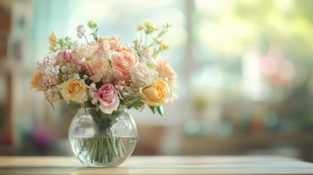 A beautifully crafted bouquet showcasing colorful flowers in a glass vase, enhancing the airy ambiance of a sunlit room.の素材