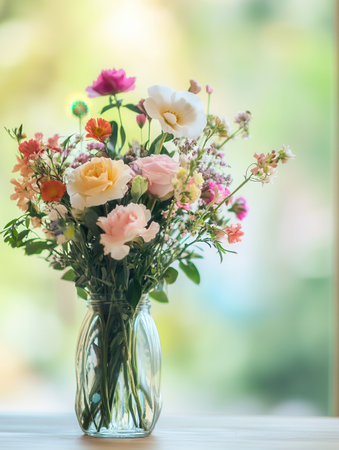 A vibrant arrangement of mixed flowers in a glass vase sits elegantly on a light wood table, enhancing the serene ambiance.の素材