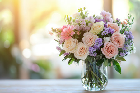 A vibrant bouquet of mixed flowers sits elegantly in a glass vase on a light wood table, illuminated by soft sunlight streaming in.の素材