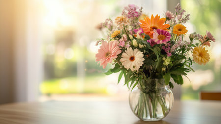 A stunning bouquet featuring assorted flowers in a glass vase, brightening up a light wood table in a warmly lit space.の素材