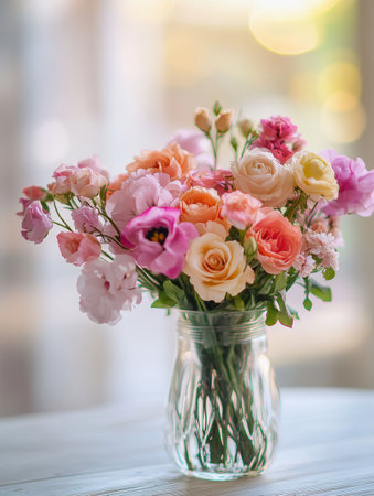A beautifully arranged bouquet filled with colorful flowers sits gracefully in a glass vase on a table with a light wood finish.の素材