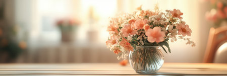 A vibrant bouquet of mixed flowers sits in a glass vase on a light wood table, bringing color and charm to the sunny indoor space.の素材