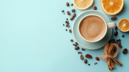 Enjoy a warm cup of coffee surrounded by aromatic spices and fresh oranges, creating a refreshing morning atmosphere.の素材