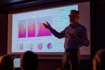 An expert confidently delivers a presentation at a conference, showcasing impactful data visualizations and engaging the audience.の素材