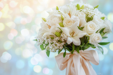 This exquisite bouquet features white roses and lilies tied with a silk ribbon, elegantly displayed against a soft pastel backdrop.の素材