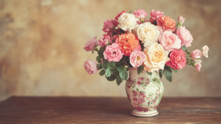 A beautifully arranged bouquet of colorful roses and carnations sits elegantly in a vintage vase on an antique wooden table.の素材