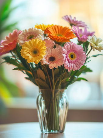 A colorful assortment of flowers arranged in a glass vase, brightening up a light wooden table in a cozy indoor setting.の素材