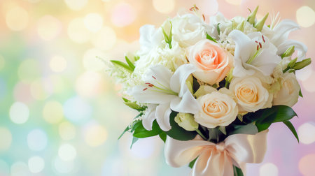 A beautifully arranged bouquet of white roses and lilies, elegantly tied with a silk ribbon, exudes a sense of purity and charm.の素材