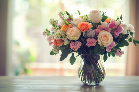 A beautifully arranged bouquet featuring various flowers is displayed in a glass vase on a light wooden table, enhancing the tranquil atmosphere.の素材