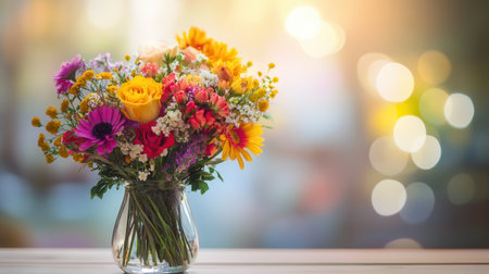 A colorful bouquet of assorted flowers in a glass vase sits elegantly on a light wood table, creating a cheerful atmosphere.の素材
