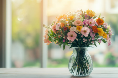 The charming bouquet filled with various flowers rests elegantly in a glass vase on a light wooden table, illuminated by soft light.の素材