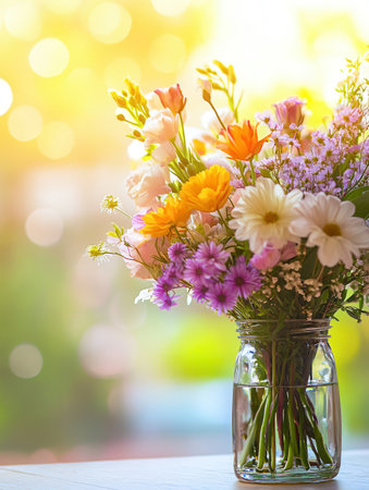 A colorful arrangement of mixed flowers is beautifully displayed in a glass vase on a light wood table, illuminated by sunlight.の素材