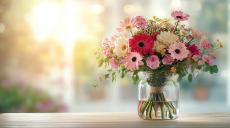 A beautifully arranged bouquet of mixed flowers sits gracefully in a glass vase, capturing warm sunlight that enhances its vibrant colors.の素材
