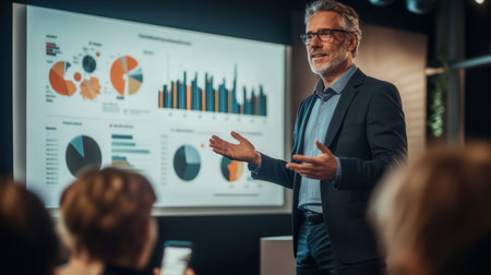 An expert confidently presents key data and insights at a conference, engaging the audience with vibrant charts and graphs.の素材