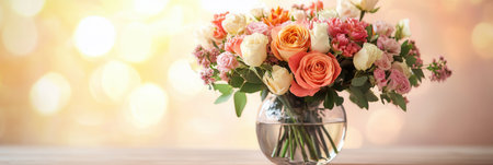 A vibrant arrangement of mixed flowers in a clear glass vase is displayed on a textured light wood table, showing its beauty.の素材
