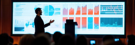 An expert confidently presents key findings at a conference while engaging the audience with vibrant data visualizations.の素材