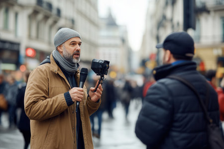 An expert engages in a live interview with a journalist amidst a busy urban crowd, sharing insights on important topics.の素材