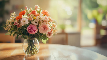 A vibrant bouquet featuring various flowers fills a glass vase, accented by warm lighting in a cozy setting.の素材