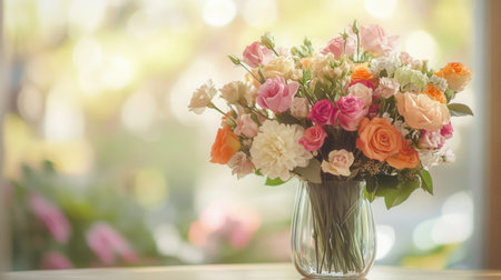 The arrangement showcases a variety of colorful flowers in a glass vase, brightening the table with their natural beauty.の素材
