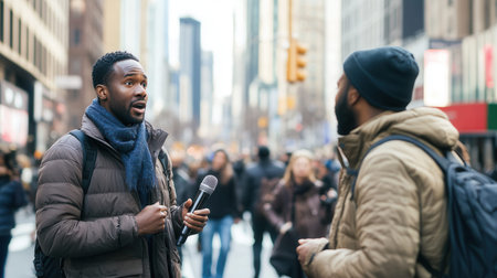 An expert engages in a live interview with a journalist amidst a bustling urban environment, capturing the cityの素材